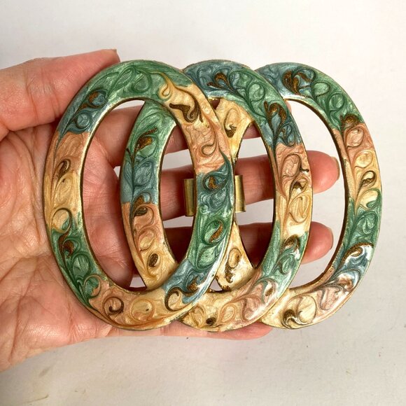 Retro Enamel Swirl Belt Buckle 3-Ring Large Green Blue Peach Goldtone 4.5x3.5in - Picture 2 of 12
